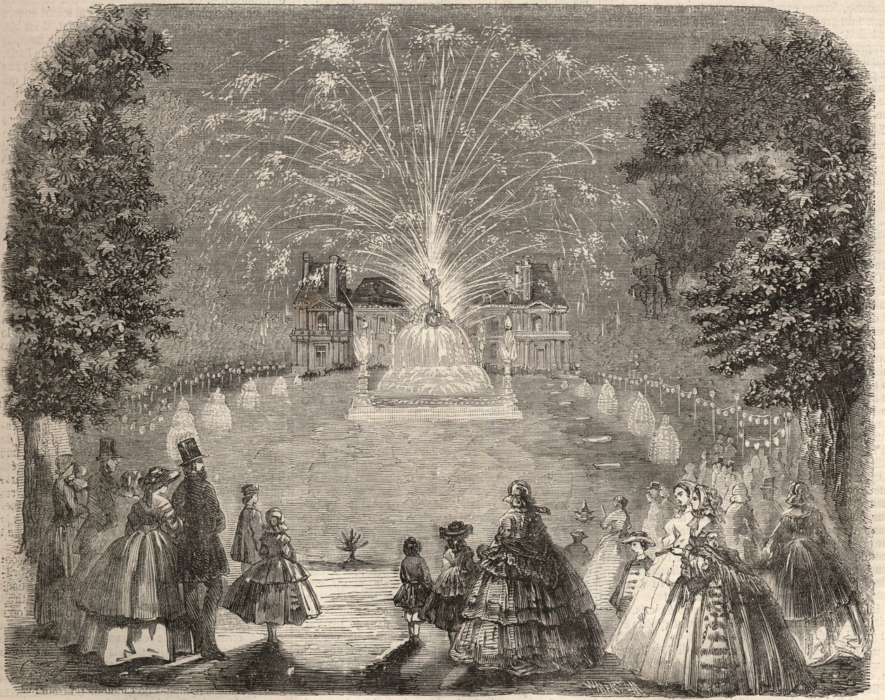 Fyrverkeri og belysning av slottet til Maison Laffitte (House-Laffitte) på kvelden for landbrukskomiteens konkurranse. Gravering i “Le Monde illustrious”” fra 1857. Privat samling. av Unknown artist