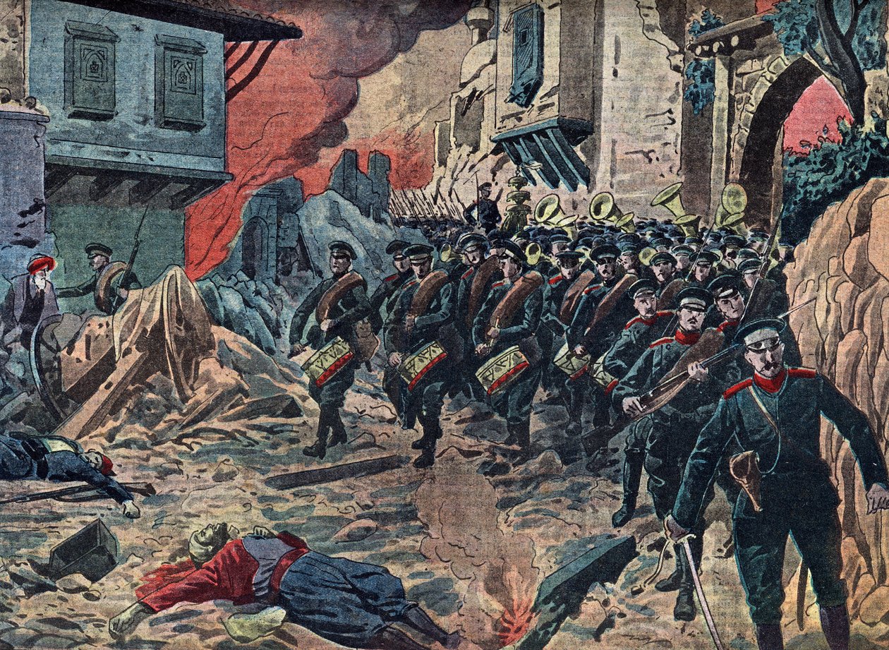 Første Balkankrig «Den bulgarske hæren triumferer etter slaget ved Kirk Kilisse (Lozengrad) den 24. oktober 1912, Tyrkia» (Slaget ved Kirk Kilisse (eller slaget ved Kirkkilise) var en del av den første Balkankrigen mellom hærene til Bulgaria og Det osmansk av Unknown Artist