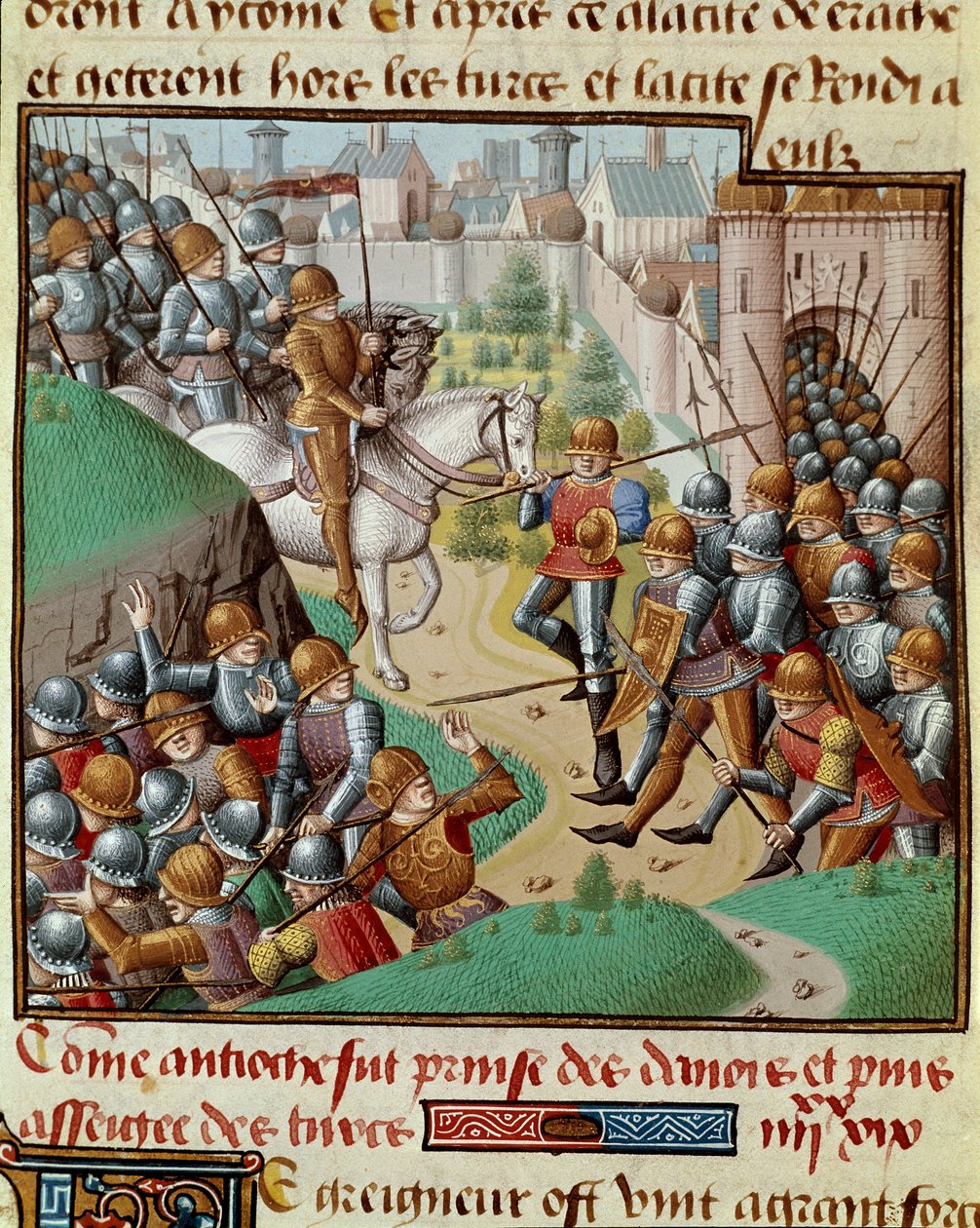 Første korstog: "" Erobringen av Antiokia"" Slaget ble utkjempet under Antiokias murer mellom kryssordrene til Bohemond og hæren til Karbouka, general for Sultanen av Persia i juni 1098. Miniatyr i "" Le miroir historial"" (Speculum) Historiale) (ms. av Unknown artist