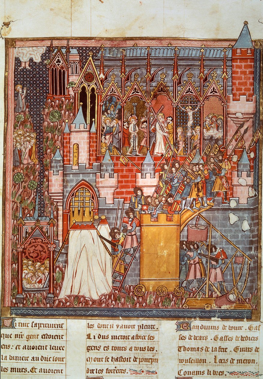 Første korstog: beleiringen og erobringen av Jerusalem ved kryssene ledet av Godefroy de Bouillon (1058-1100) i 1099. Miniatyr fra "Chronicles d'Overseas"" 1300-tallets Paris, BN av Unknown artist