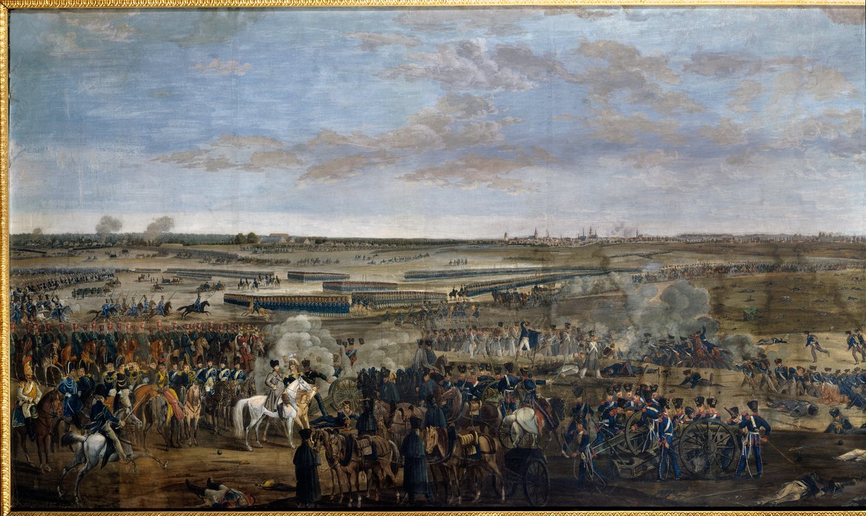 Første imperium: Keiser Napoleon I (1769–1821) (på den hvite hesten) i slaget ved Leipzig (Nasjonenes slag), 16.–19. oktober av Unknown artist