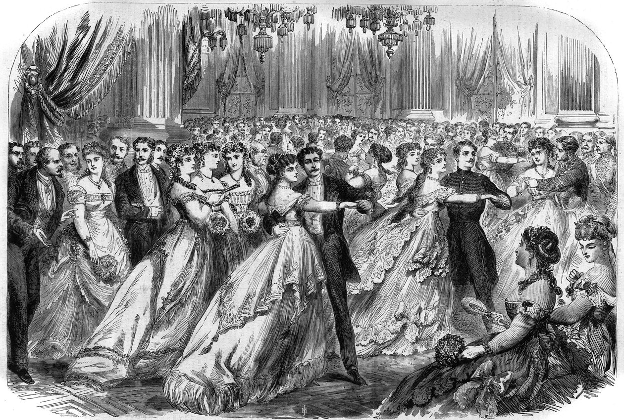 Første ball på Hotel de Ville i Paris 16. januar 1868. Gravering i "" The Illustrious Universe"" av Unknown artist