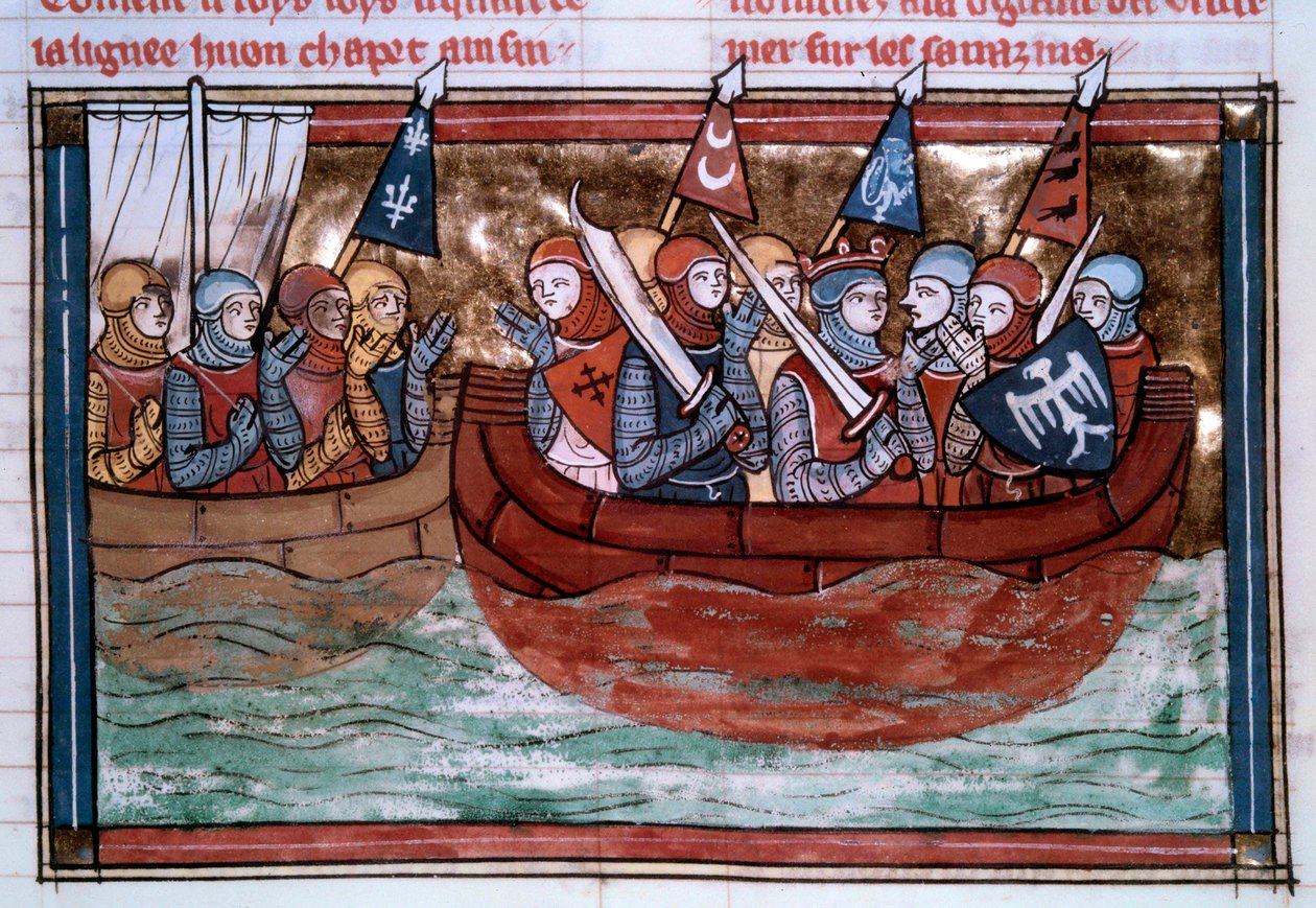 Første korstog: Godefroi de Bouillon (1060-1100) og kryssene som seiler mot Det hellige land. Miniatyr fra "" Roman De Godefroy De Bouillon et de Saladin"" av Unknown artist