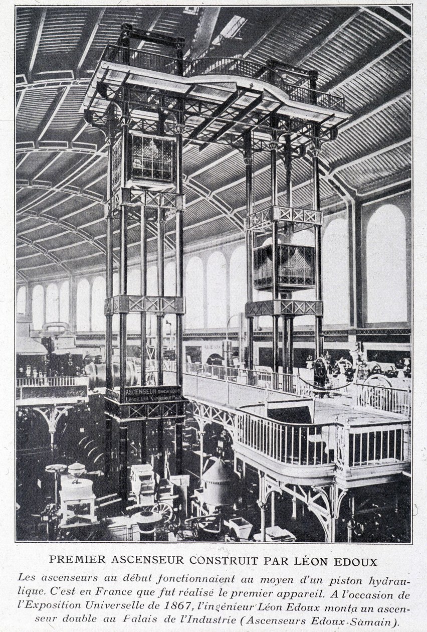 Første heis bygget av Léon Edoux på den universelle utstillingen i 1867 av Unknown artist