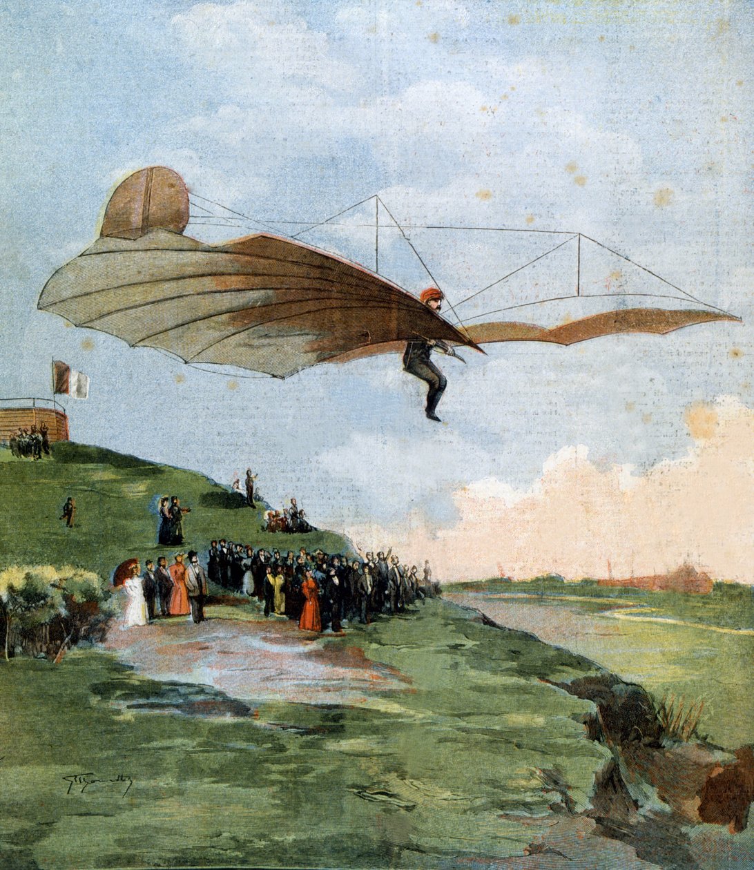 Første glidetest av Otto Lilienthal (1848-1896), en tysk ingeniør, på flyet hans i 1894 av Unknown artist