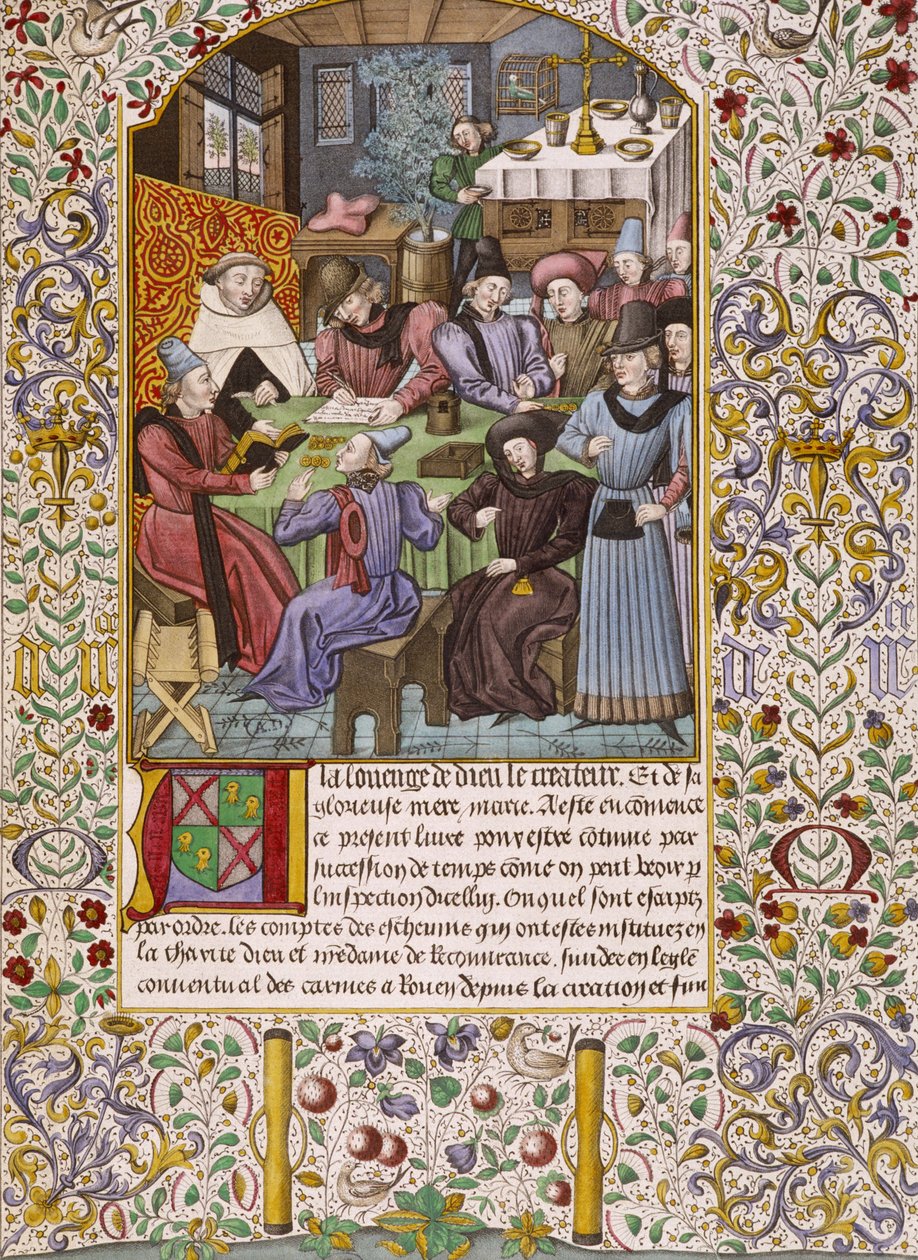 Første side i en kontobok som representerer en utbetaling av livrenter - miniatyr fra 1400-tallet av Unknown artist