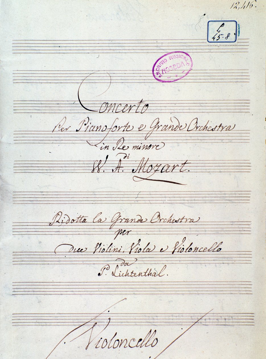 Første side med noteark til konsert for piano og stort orkester i d-moll av Mozart, Lichtenthal-versjon (1800-tallet) av Unknown artist