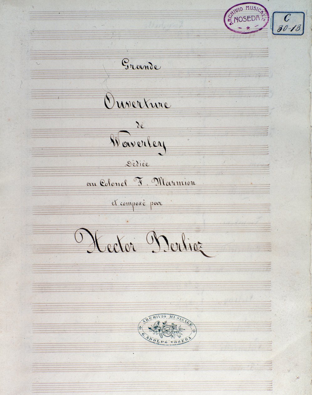 Første side av notene til Waverley opus 1, ouverture, av Hector Berlioz av Unknown artist
