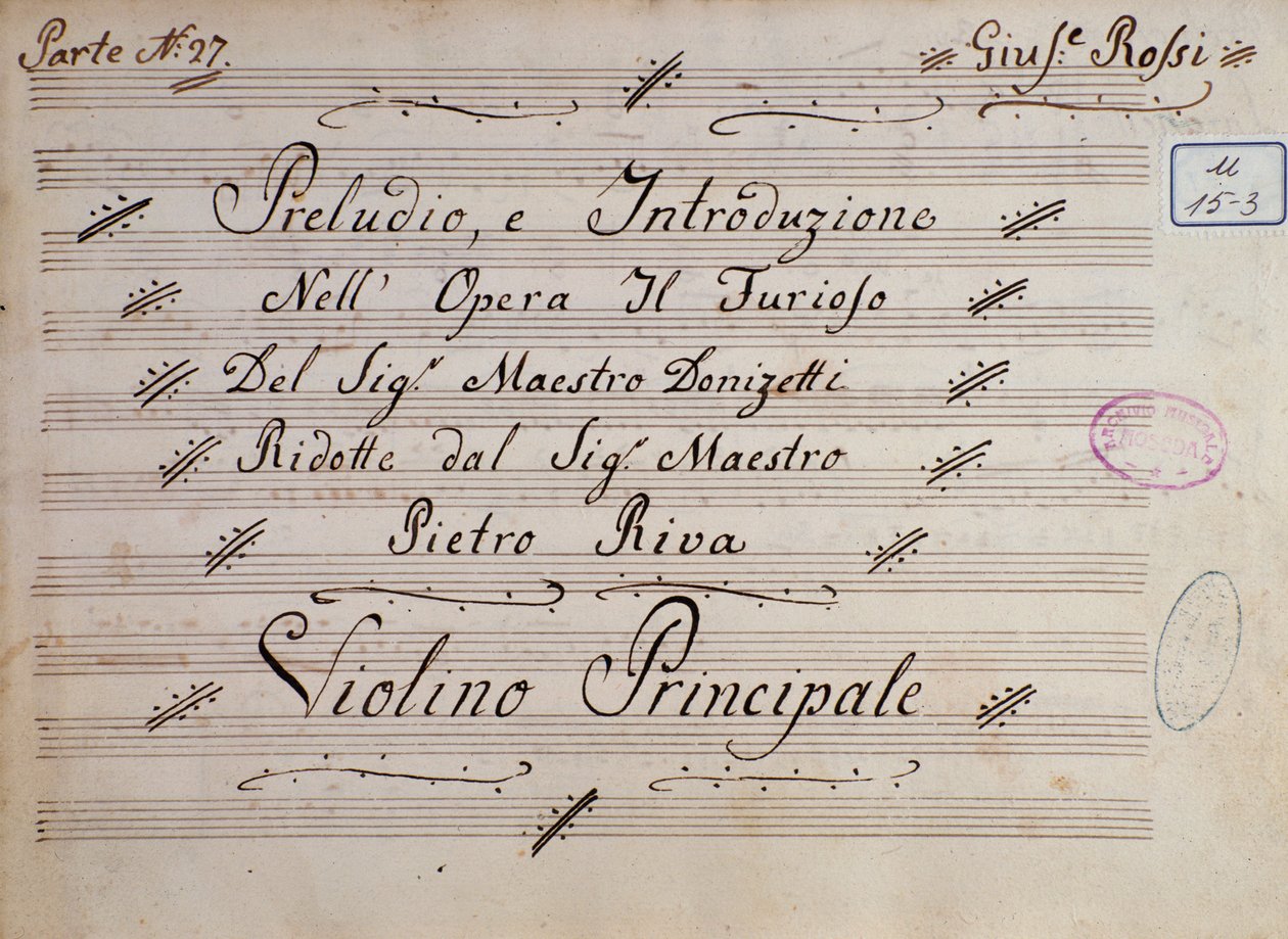 Første side av notene for fiolin, The furious on the island of San Domingo av Gaetano Donizetti av Unknown artist