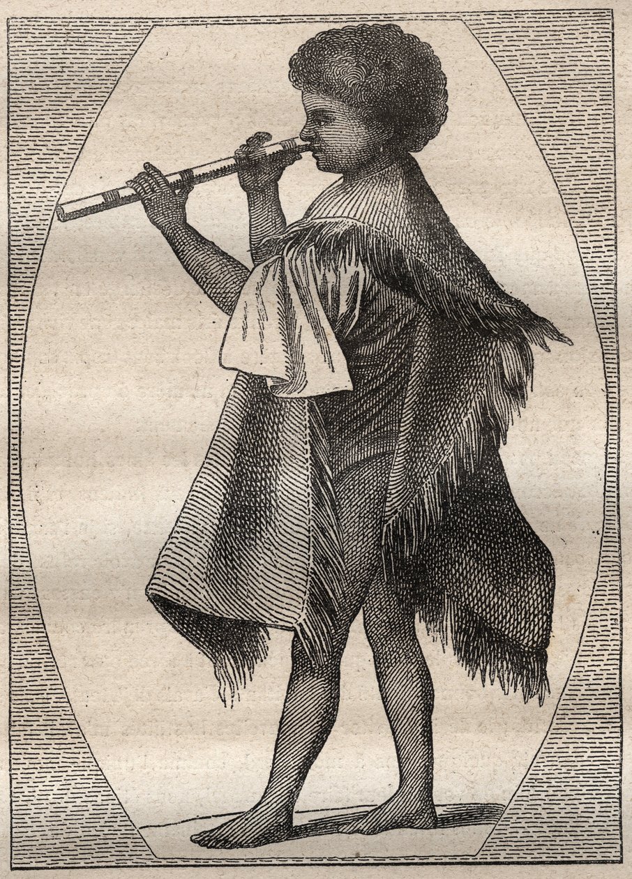 Første reise (1768-1771) av kaptein James Cook (1728-1779): Tahitisk fløytespiller - illustrasjon hentet fra "" The Great Mariners of the 18th century"" av Unknown artist