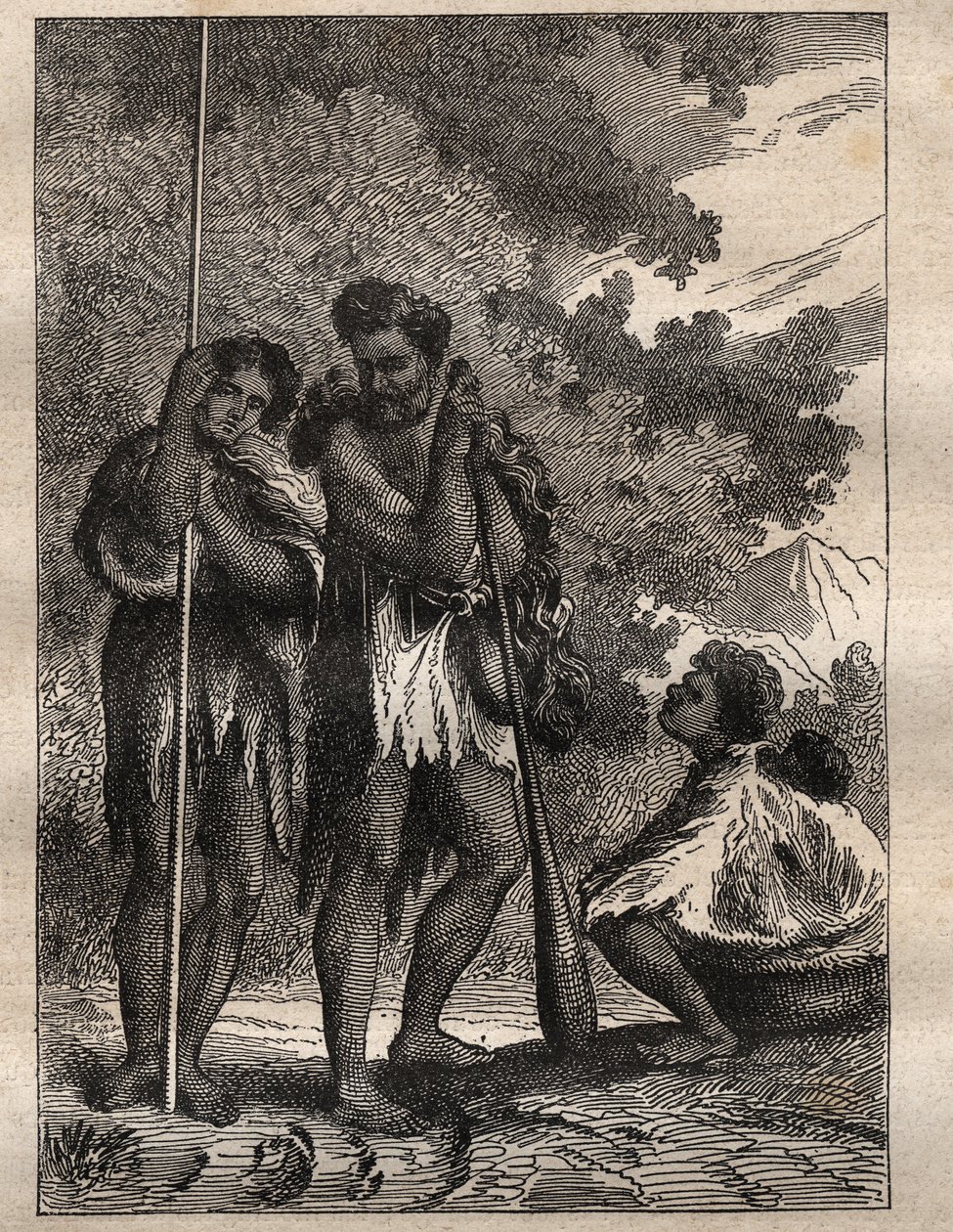 Første reise (1768-1771) av kaptein James Cook (1728-1779): en ny-zelandansk familie (Neo Zelandaise) - illustrasjon hentet fra "The Great Mariners of the 18th century"" av Unknown artist
