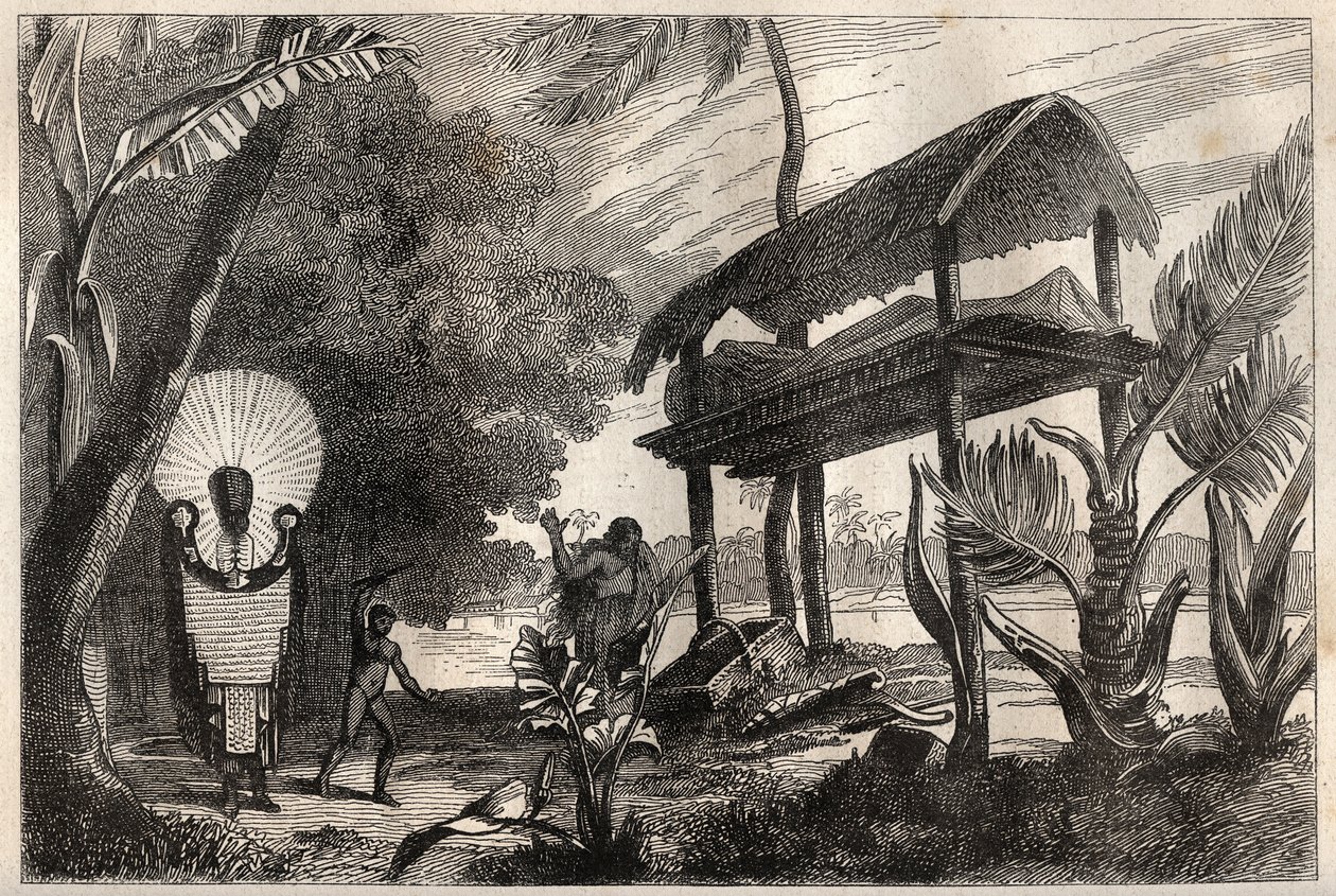 Første reise (1768-1771) til kaptein James Cook (1728-1779): en fia-toka (fia toka), gravbygning på Tahiti - illustrasjon hentet fra "" The Great Mariners of the 18th century"" av Unknown artist