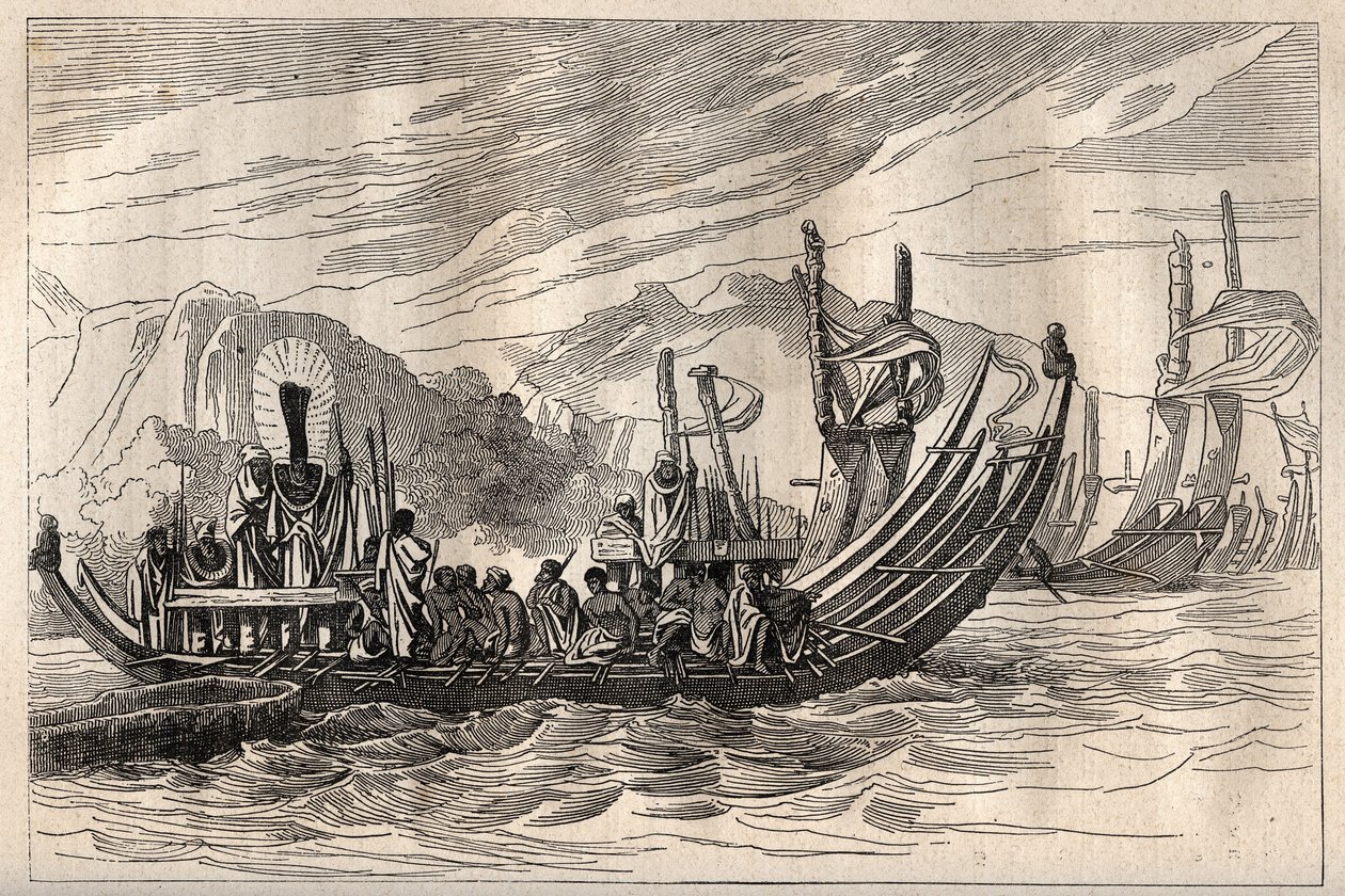 Første reise (1768-1771) til kaptein James Cook (1728-1779): Tahiti-flåten samlet i Oparee - illustrasjon hentet fra "The Great Mariners of the 18th century"" av Unknown artist