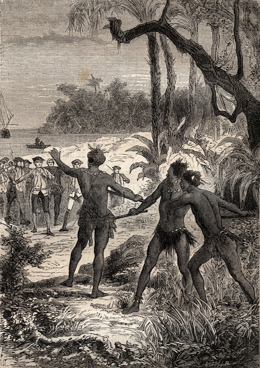 Første reise (1768-1771) til kaptein James Cook (1728-1779): mens Cook og ti sjømenn seiler på meridionalkysten av New Guinee, reiste tre indianere seg ut av skogen med store skrik - illustrasjon hentet fra "The Great Mariners of det 18. århundre"" av Unknown artist