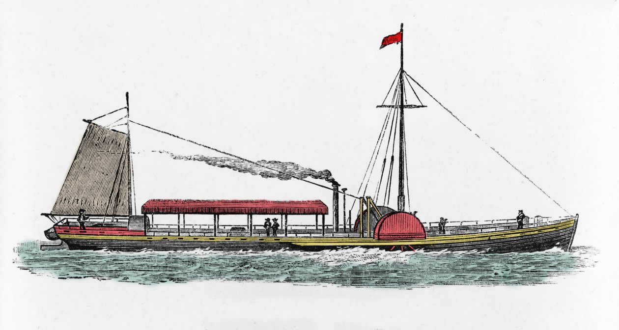 Første seilas av dampbåten "Clermont" av Robert Fulton (1765-1815), amerikansk ingeniør på Hudson River, USA av Unknown artist