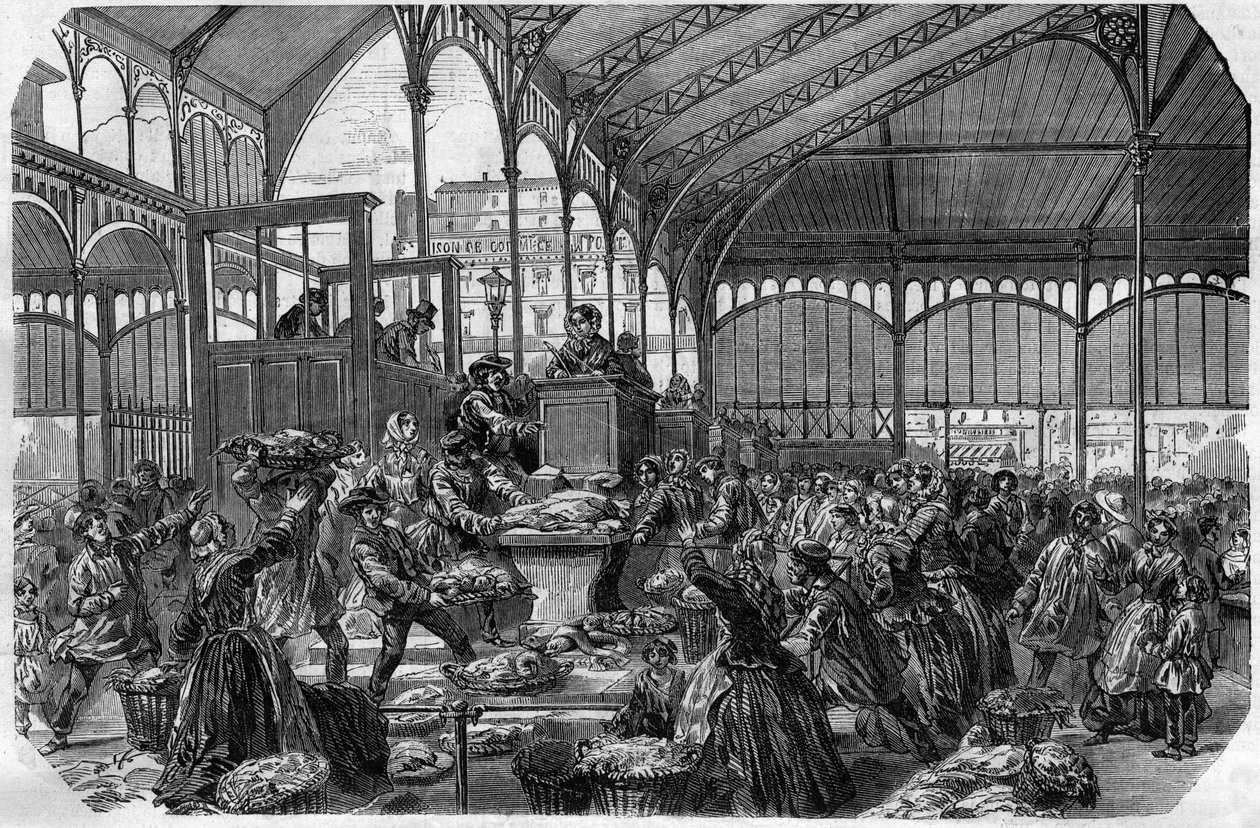 Fiskemarked - Engros fiskemarked i Paris i 1870 av Unknown artist