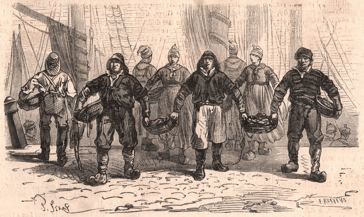 Fiskere med kurver fulle av fisk på kaien i havnen i Trouville, Frankrike av Unknown