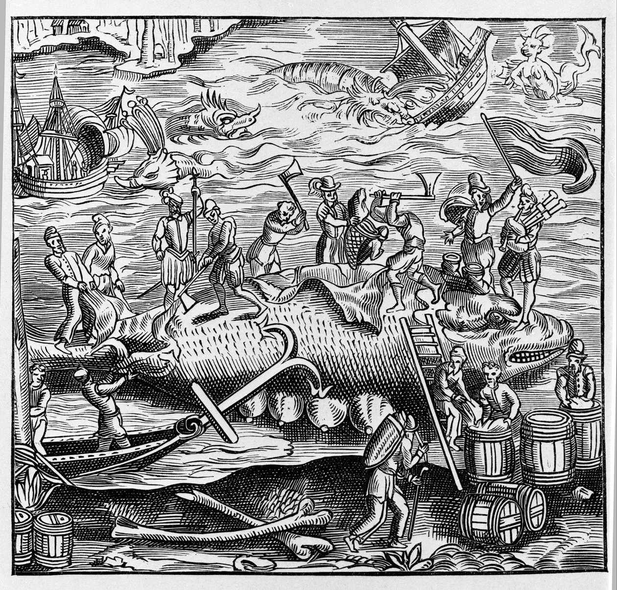 Fiske og hvalfangst, basert på en tregravering fra Thevets "Universal Cosmography". Paris 1575 av Unknown artist