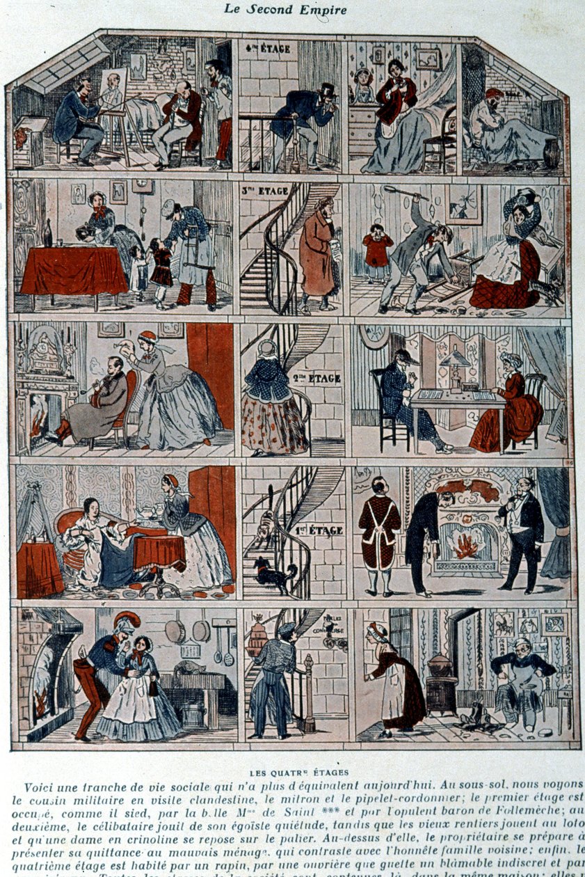 Fem etasjer som viser de forskjellige sosiale klassene under det andre imperiet. Illustrasjon representert som et tverrsnitt av en parisisk bygning. av Unknown artist