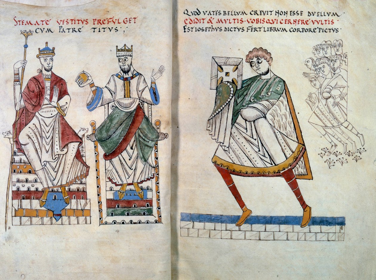 Flavius Josephe (opprinnelig Yossef ben Matityahu, gresktalende jødisk historiker (37-100) tilbyr boken sin til keisere Titus og Vespasian. Miniatyr hentet fra "" De Bello Judaico (Jødekrigen) "" (folio 2 og 3) av Unknown artist