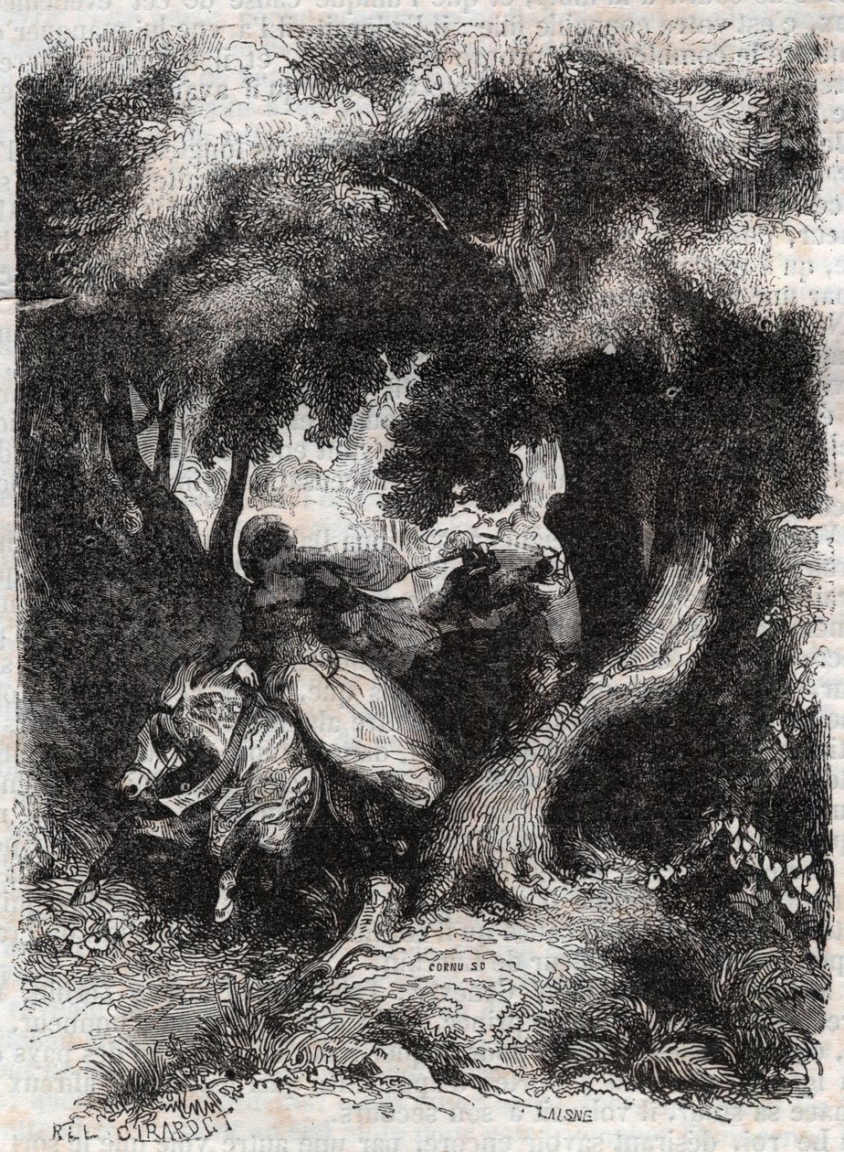Flight of Angelica (Angelica) during the battle - engraving of 1851 from “” Furious Roland”” (Orlando furioso) (16th century) by Ludovico Ariosto, known as the Ariosta - Edition translated from Italian by the Count of Tressan and published by Gustave Harva av Unknown artist