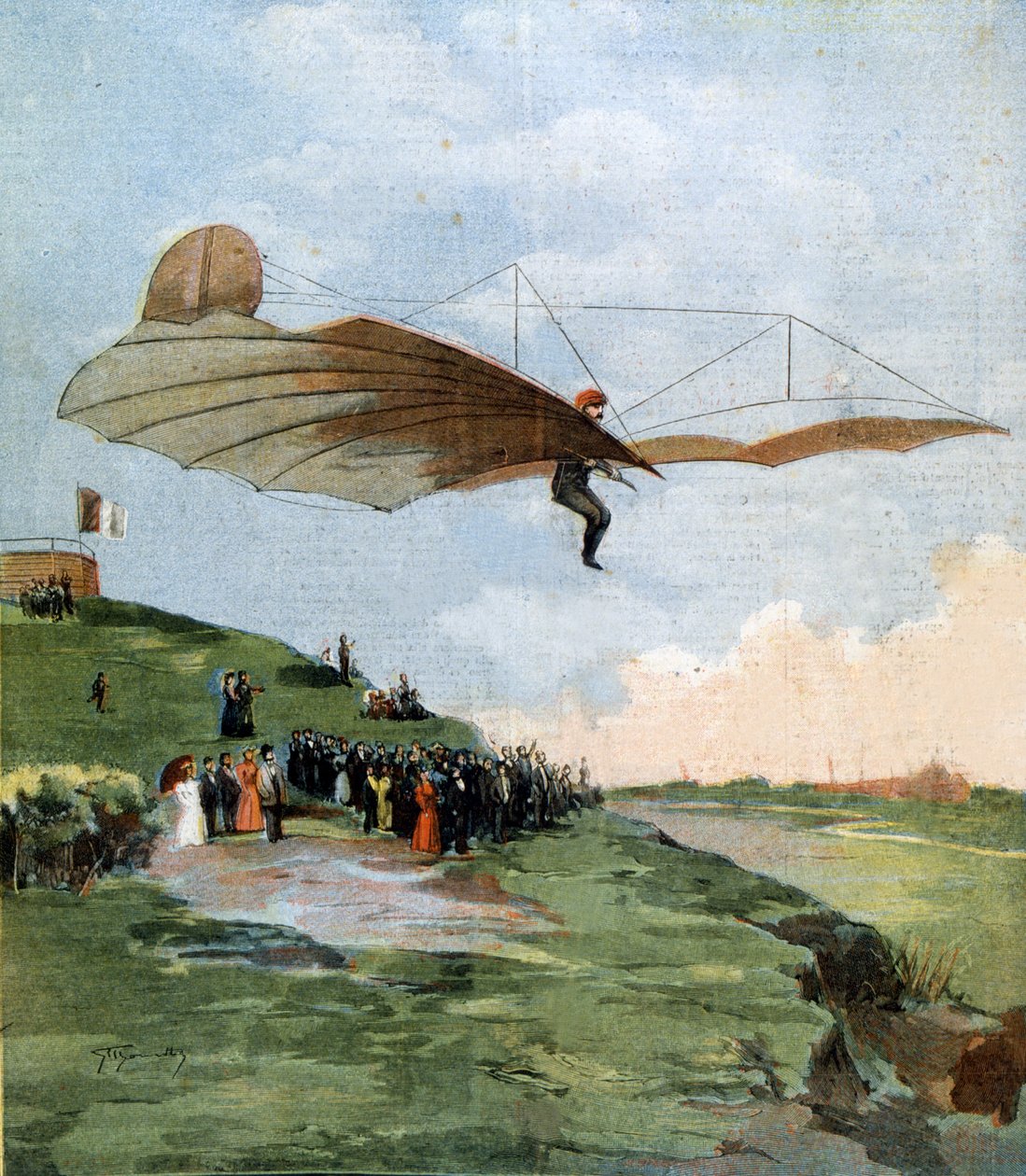 Flight of Otto Lilienthal (1848 - 1896), pioner innen gliding. 1894. av Unknown artist