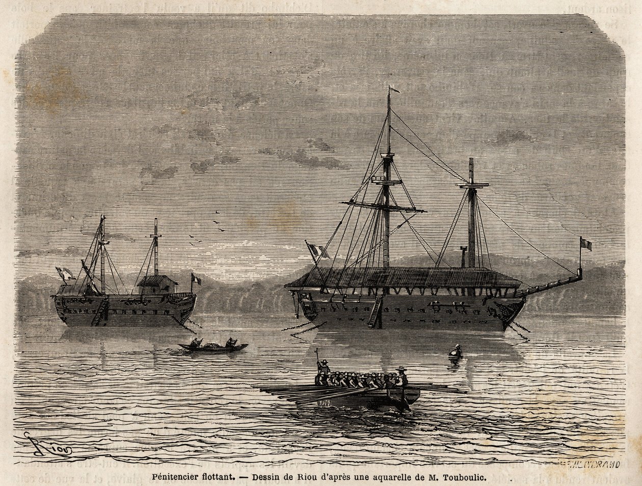 Flytende botmenn fra Fransk Guyana, en koloni som ble overført til fangenskap til de som tok over domstolene og mennene som måtte bli. Gravering for å illustrere reisen i Fransk Guyana i 1862-1863, av Frederic Bouyer, kaptein på fregatt, i "" Le tou av Unknown artist
