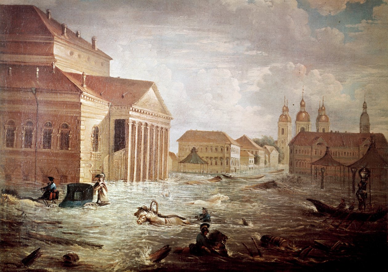 Oversvømmelser i byen St. Petersburg i Russland 1800-tallets privatsamling av Unknown artist