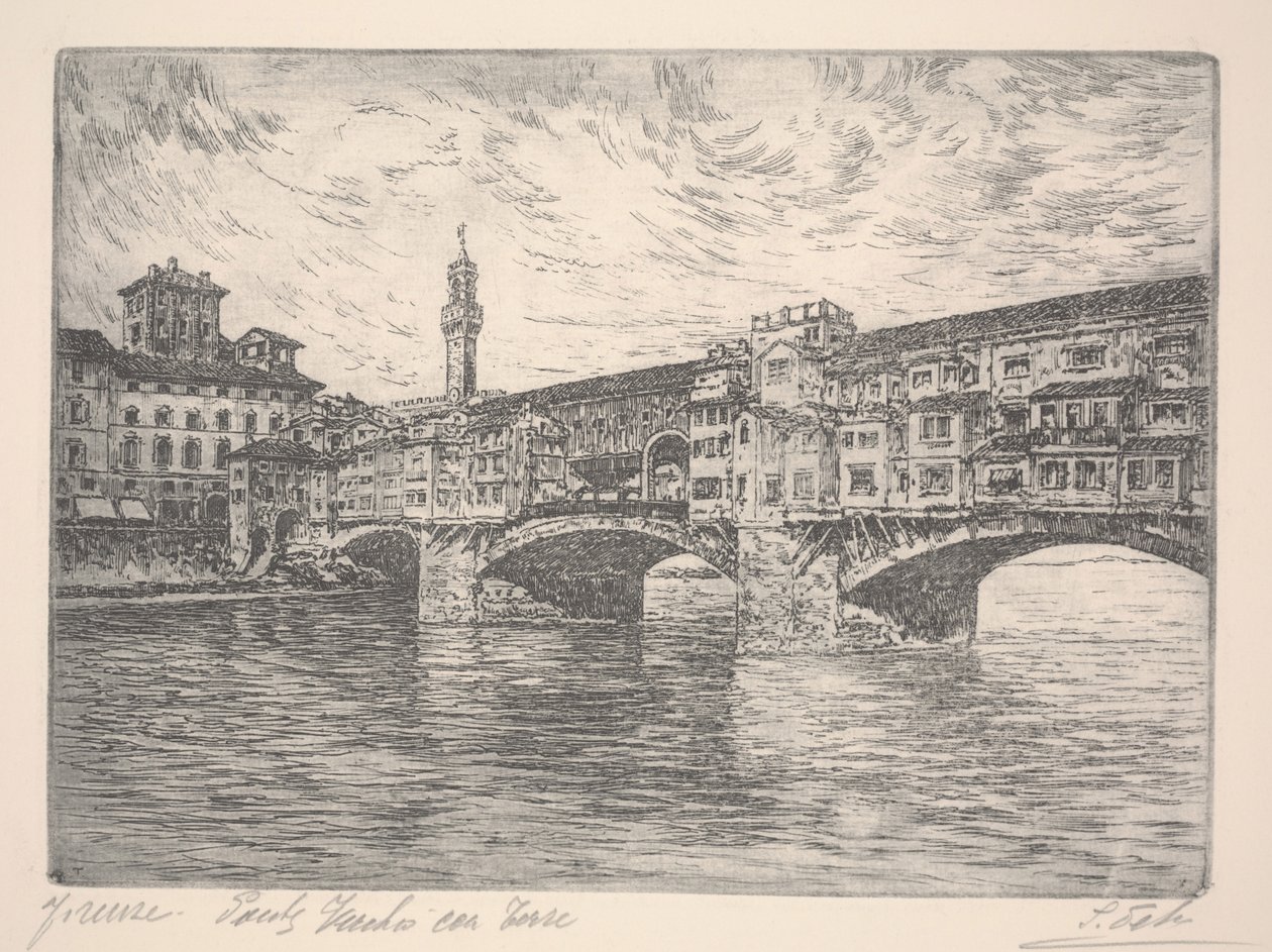 Firenze, Ponte Vecchio med tårn, sannsynligvis sent på 1800-tallet (radering) av Unknown artist