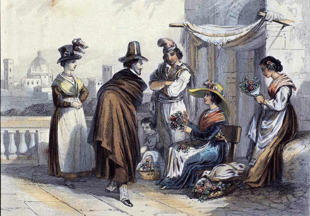 Blomsterhandler i Firenze. Litografi rundt 1820 av Unknown artist
