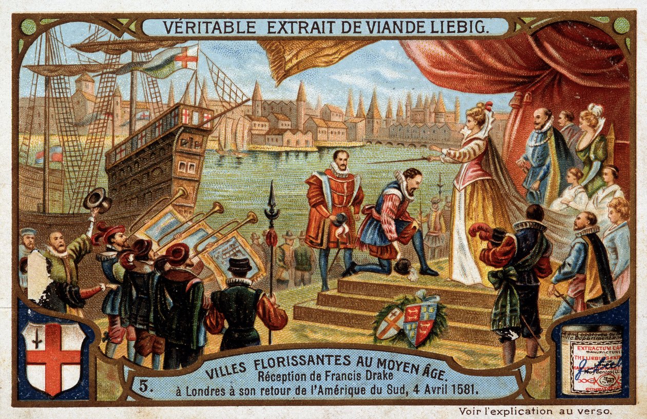 Blomstrende byer i middelalderen: mottakelse av Francis Drake (1542-1596) i London (England), da han kom tilbake fra Sør-Amerika, 4. april av Unknown artist