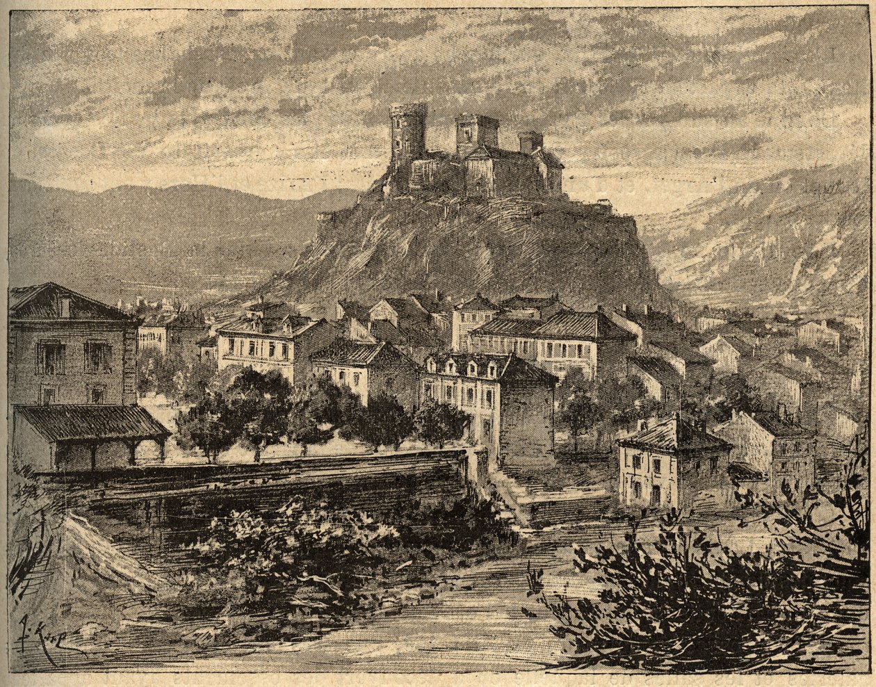 Foix - Ariege - Occitanie - gravering i "" PATRIE" - PECTUREQUIREQUE BESKRIVELSE AV FRANKRIKE I 6 BIND AV LUCIEN HUARD - slutten av 1800-tallet av Unknown artist