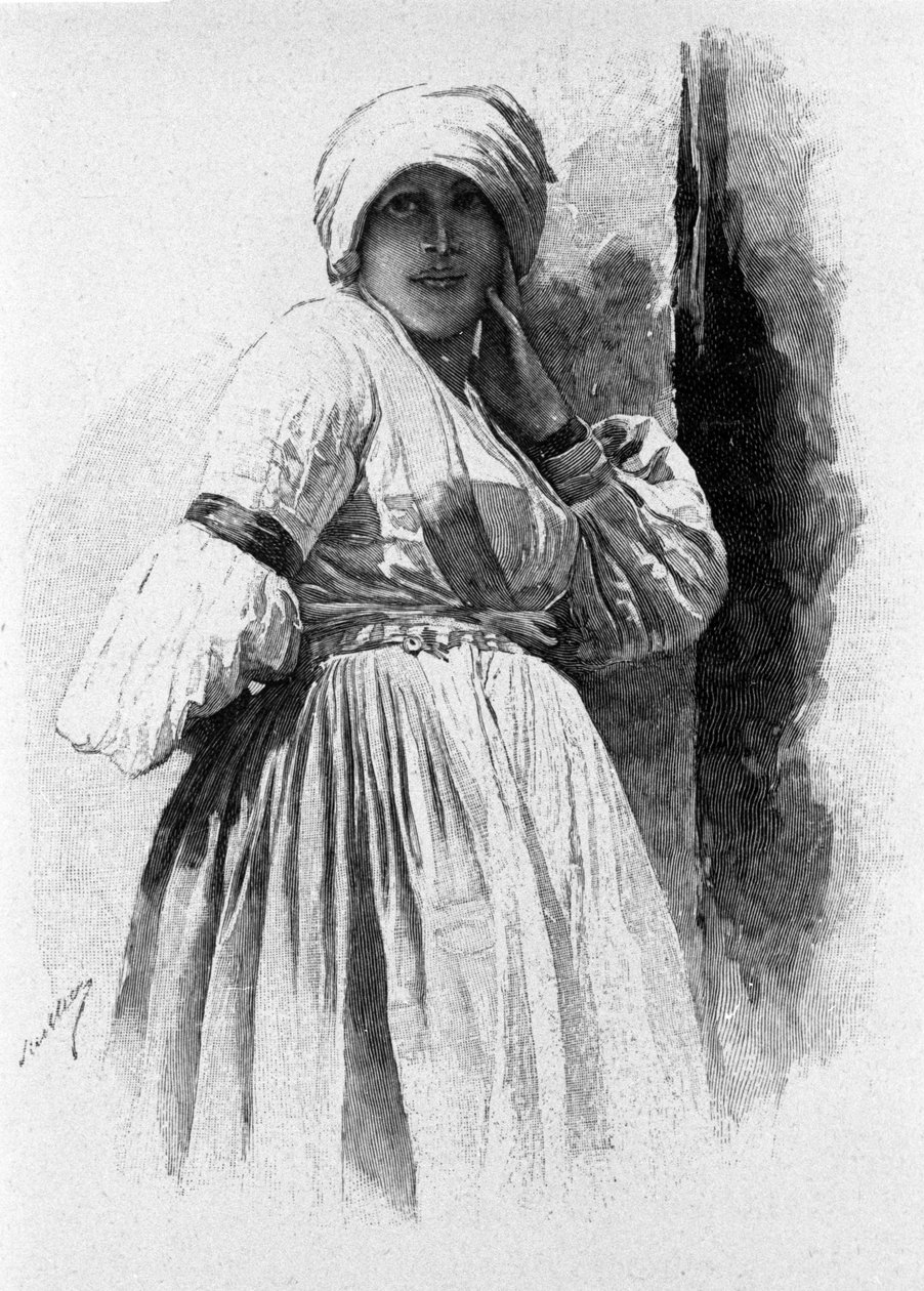 Folklore: kvinne i tradisjonell drakt av Piana degli Albanesi. Sicilia-gravering fra 1800-tallet av Unknown artist