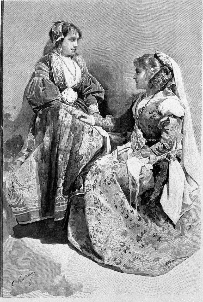 Folklore: kvinner kledd i tradisjonelle bryllupskostymer, Sicilia. 1800-talls gravering. av Unknown artist