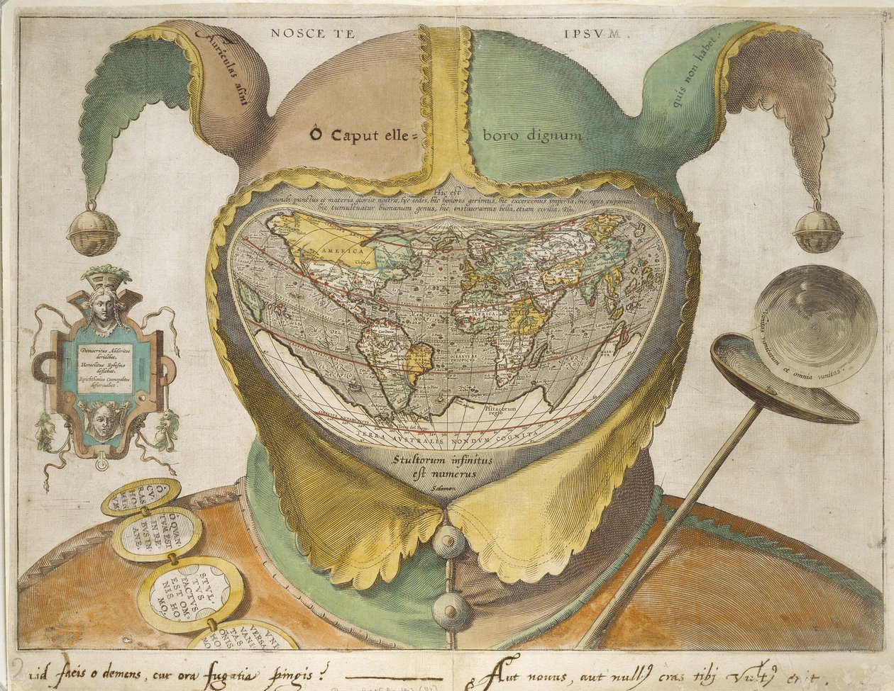 Fool#39;s Cap verdenskart, ca. 1590 (håndfarget gravering på off-white papir, med inskripsjoner i jern galleblekk) av Unknown artist