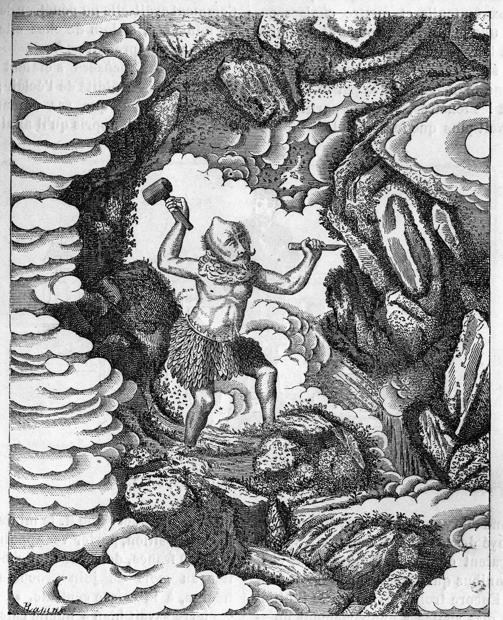 Dannelse av verdener: den kinesiske guden Pan-Kou-Che skjærer ut jordens bark. Gravering i «Le journal de la jeunesse»» av Unknown artist