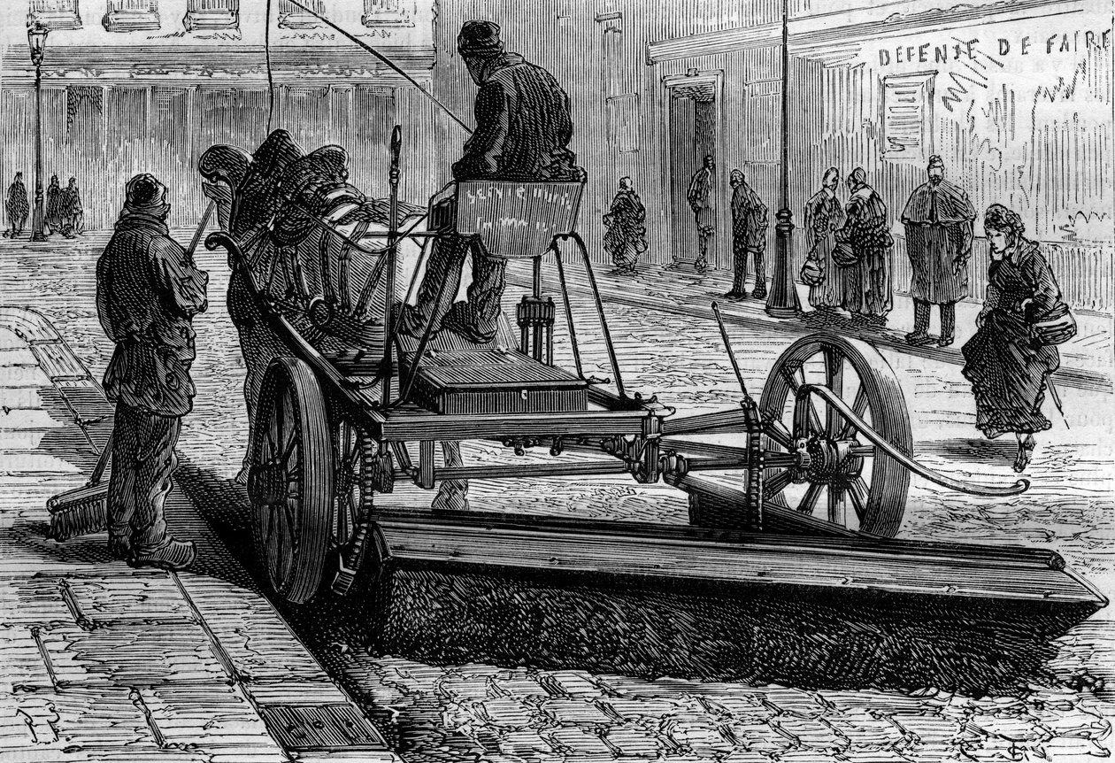Tidligere metier i Paris: maskinen for å feie gatene i Paris. Gravering i "" La Nature"" av Unknown artist