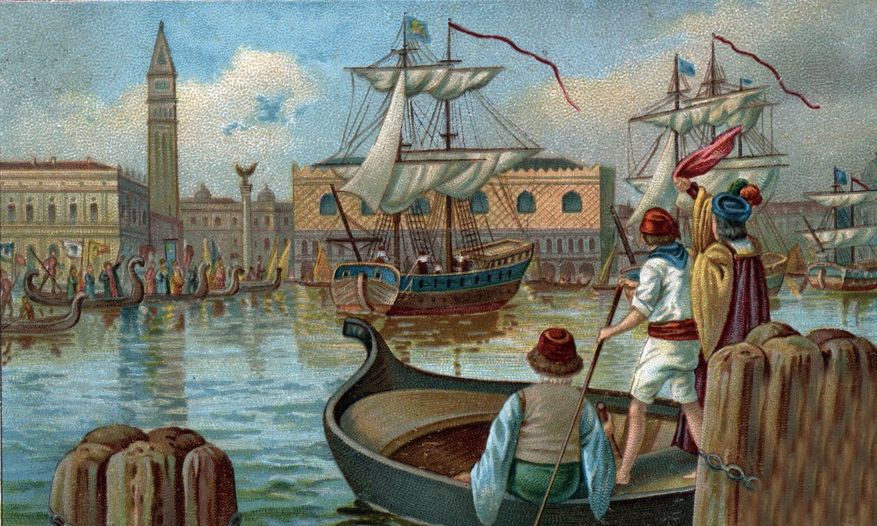 Former shopping centres: return of a Venetian fleet to Venice in the 19th century. Chromolithography of the late 19th century av Unknown artist