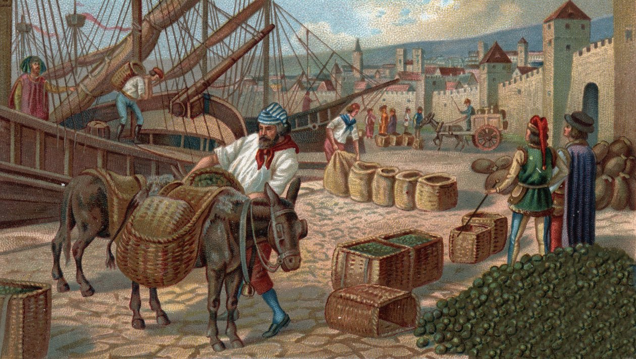 Tidligere kjøpesentre: transport av fiken til Marseille i middelalderen. Kromolitografi fra slutten av 1800-tallet av Unknown artist