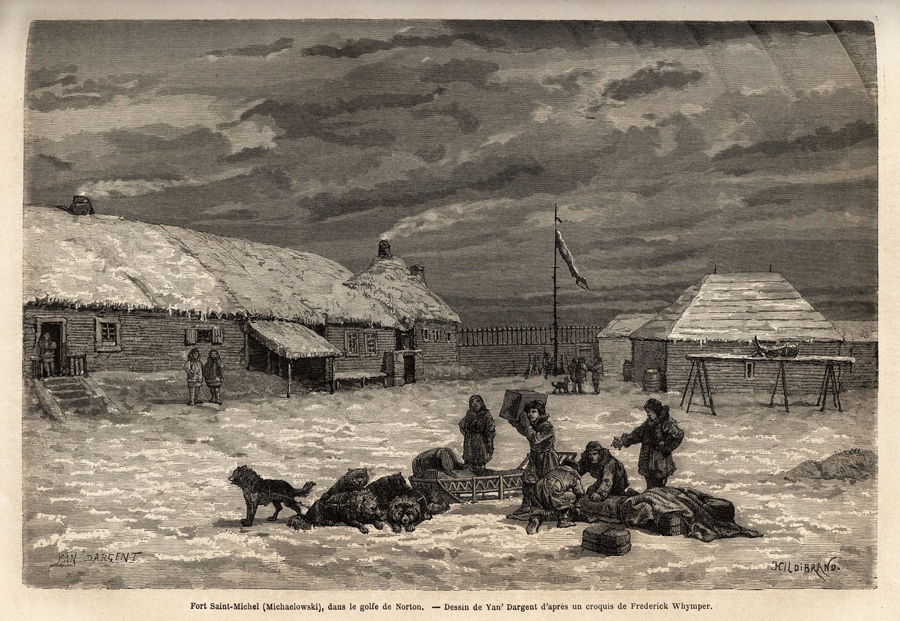 Fort Saint-Michel (Saint Michel), engelsk besittelse på den tiden, i Nortonbukta. Gravering for å illustrere reisen og eventyrene i engelsk Colombia, Vancouver Island og Alaska, av Frederick Whymper av Unknown artist
