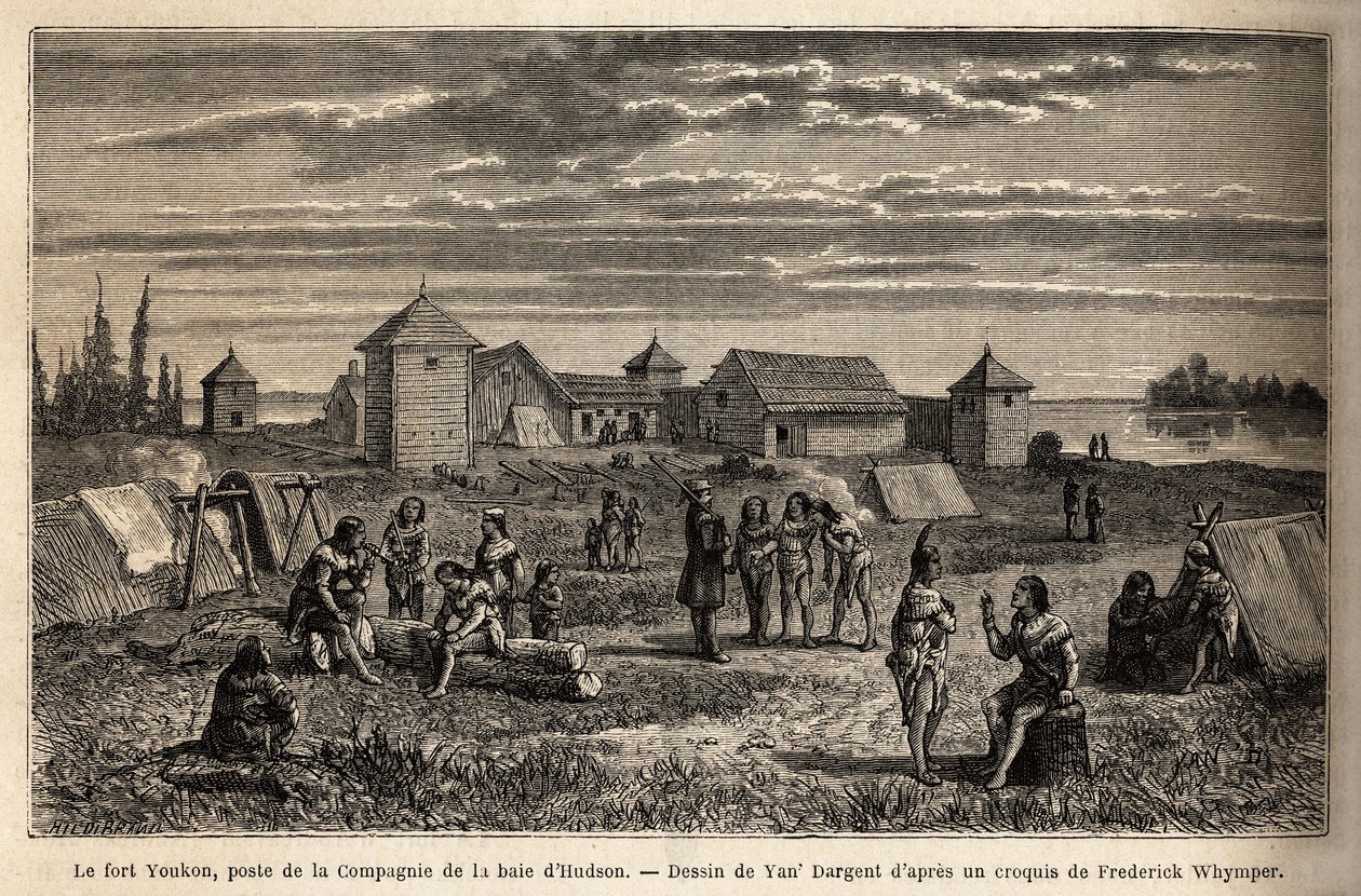 Fort Youkon, i Gulf of Norton, Alaska, grunnlagt i 1847, en etablering av Hudson Bay Company, indianere slo leir rundt palisadene. Gravering for å illustrere reisen og eventyrene i engelsk Colombia, Vancouver Island og Alaska, av Frederick av Unknown artist