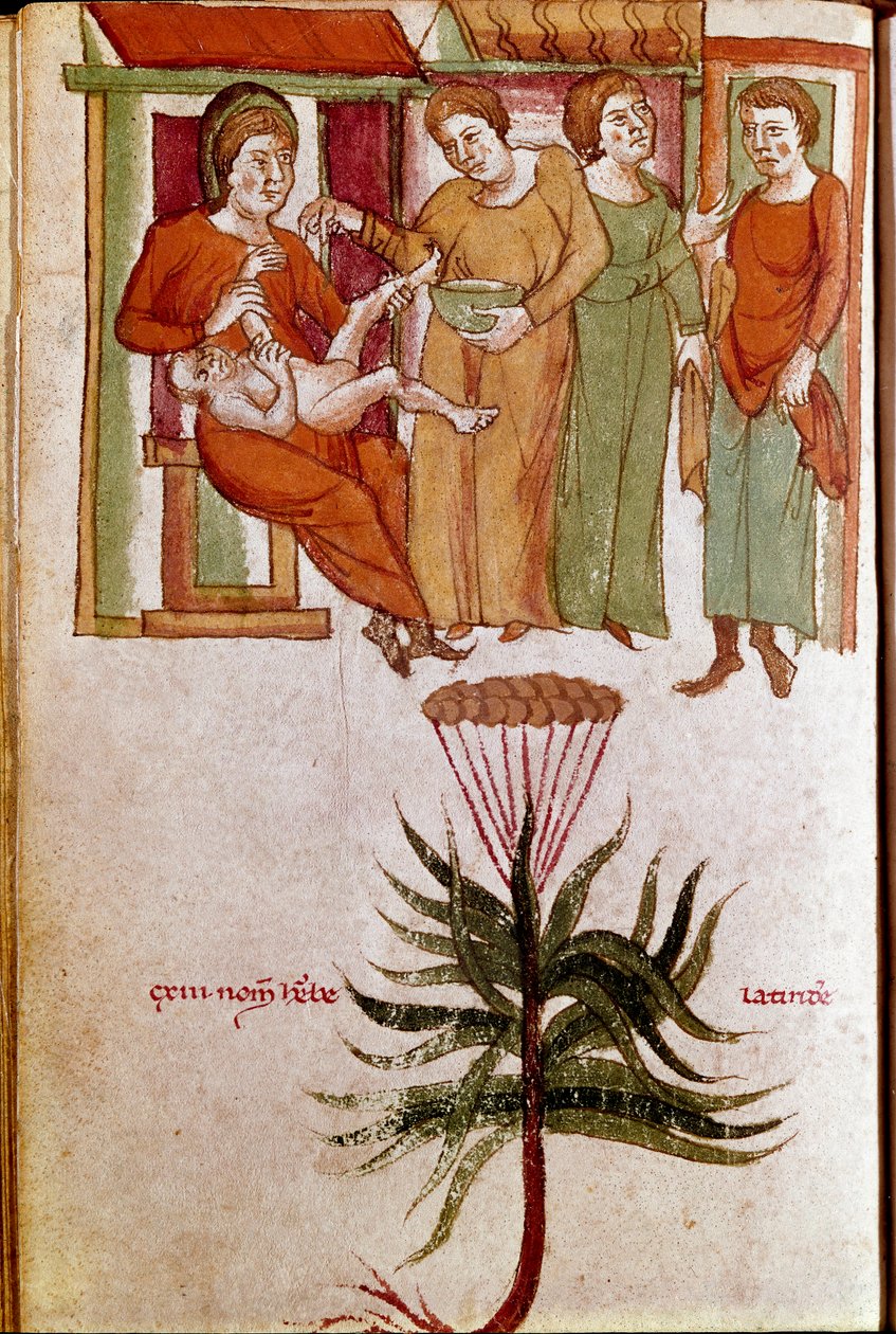 Fire kvinner som tar seg av et barn, handel med barnepass. (miniatyr, tidlig på 1200-tallet) av Unknown artist