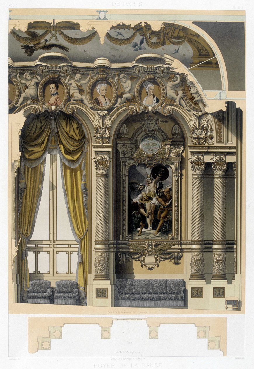 Foyer de la Danse ved Opera Garnier - kromolitografi, sent på 1800-tallet av Unknown artist