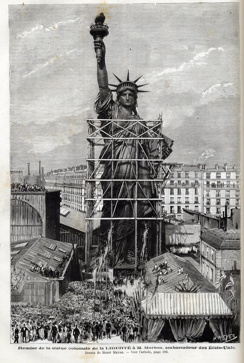 Frankrike, Paris, gir Frihetsgudinnen til USAs ambassadør - Pakking av statuen av Liberte laget av Frederic Auguste Bartholdi (1834-1904) i stillas for å transportere den fra Paris til Amerika av Unknown artist