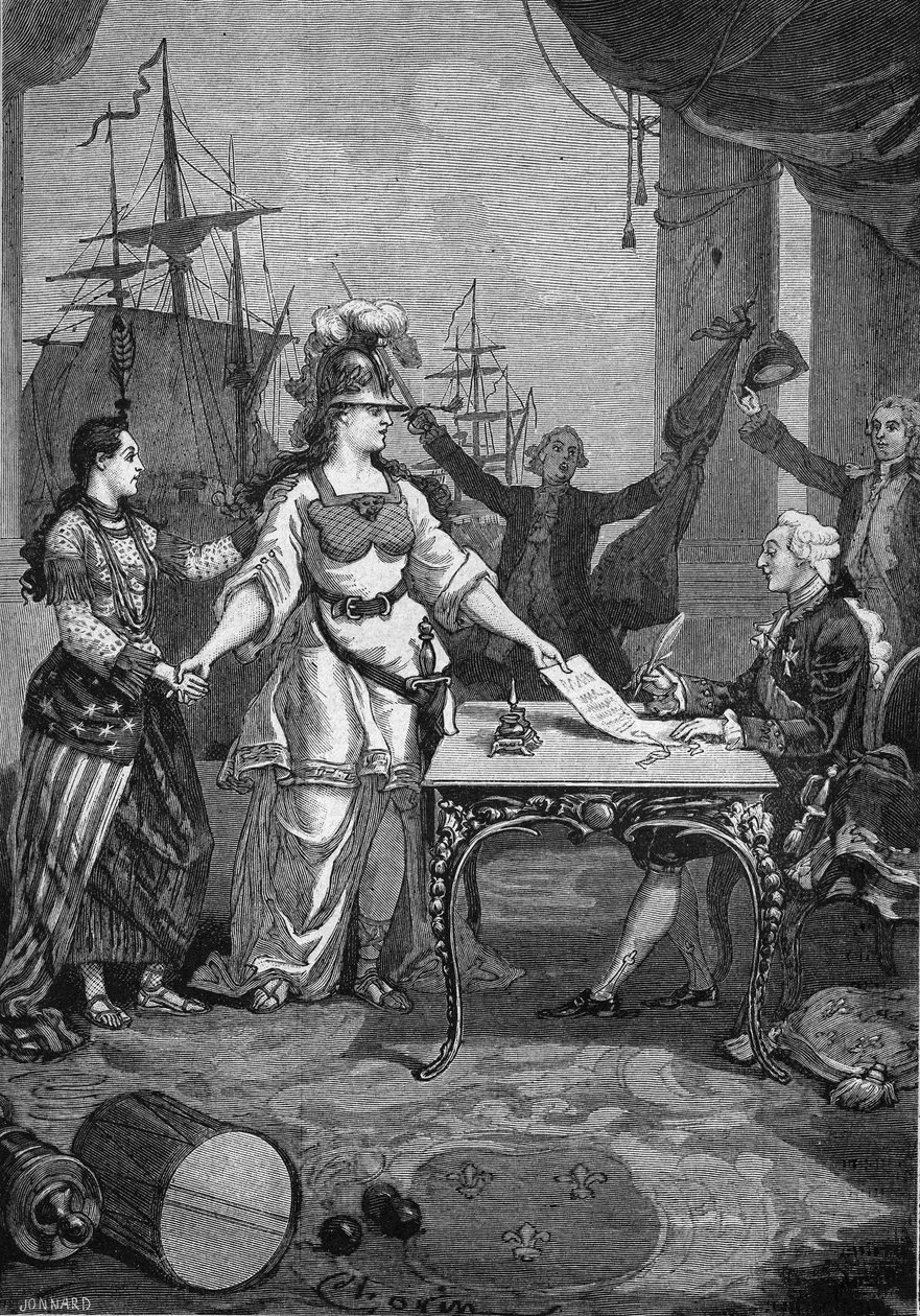 Frankrike allierte - Kongen (Louis XVI) måtte bare undertegne: 6. februar 1778 ble vennskaps- og handelsavtalen mellom Frankrike og opprørskolonien Nord-Amerika signert, som forpliktet Frankrike til å garantere uavhengigheten til USA. av Unknown artist