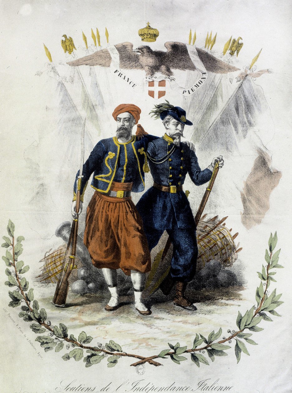 Frankrike og Piemonte, tilhengere av italiensk uavhengighet - coul. gravering av Unknown artist