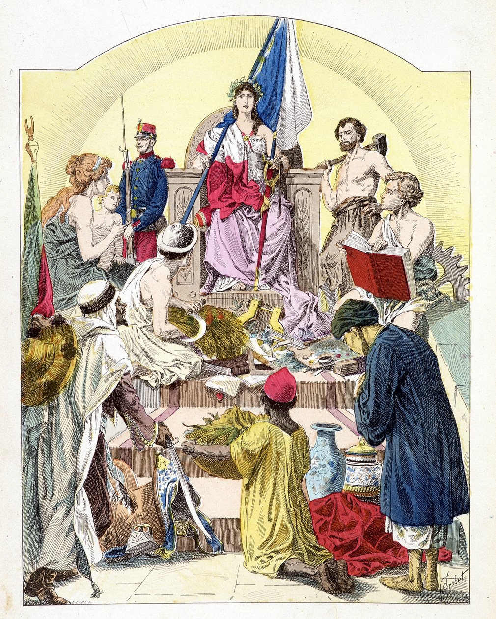 Frankrike, under trekkene til Marianne, omgitt av sine personifiserte kolonier - i "Histoire de France"", av E. Grobet, ca. 1915 av Unknown artist