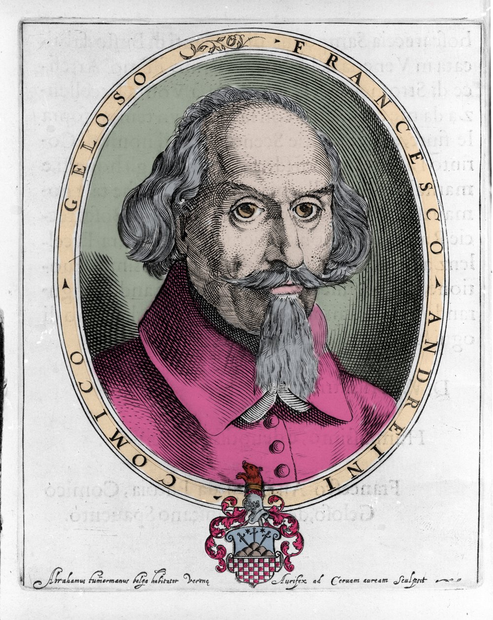 Francesco Andreini (ca. 1548-1624) italiensk skuespiller og dramatiker av Commedia dell'arte. Gravering i "" Le Bravure del Capitano Spavento "", Venezia 1624 av Unknown artist