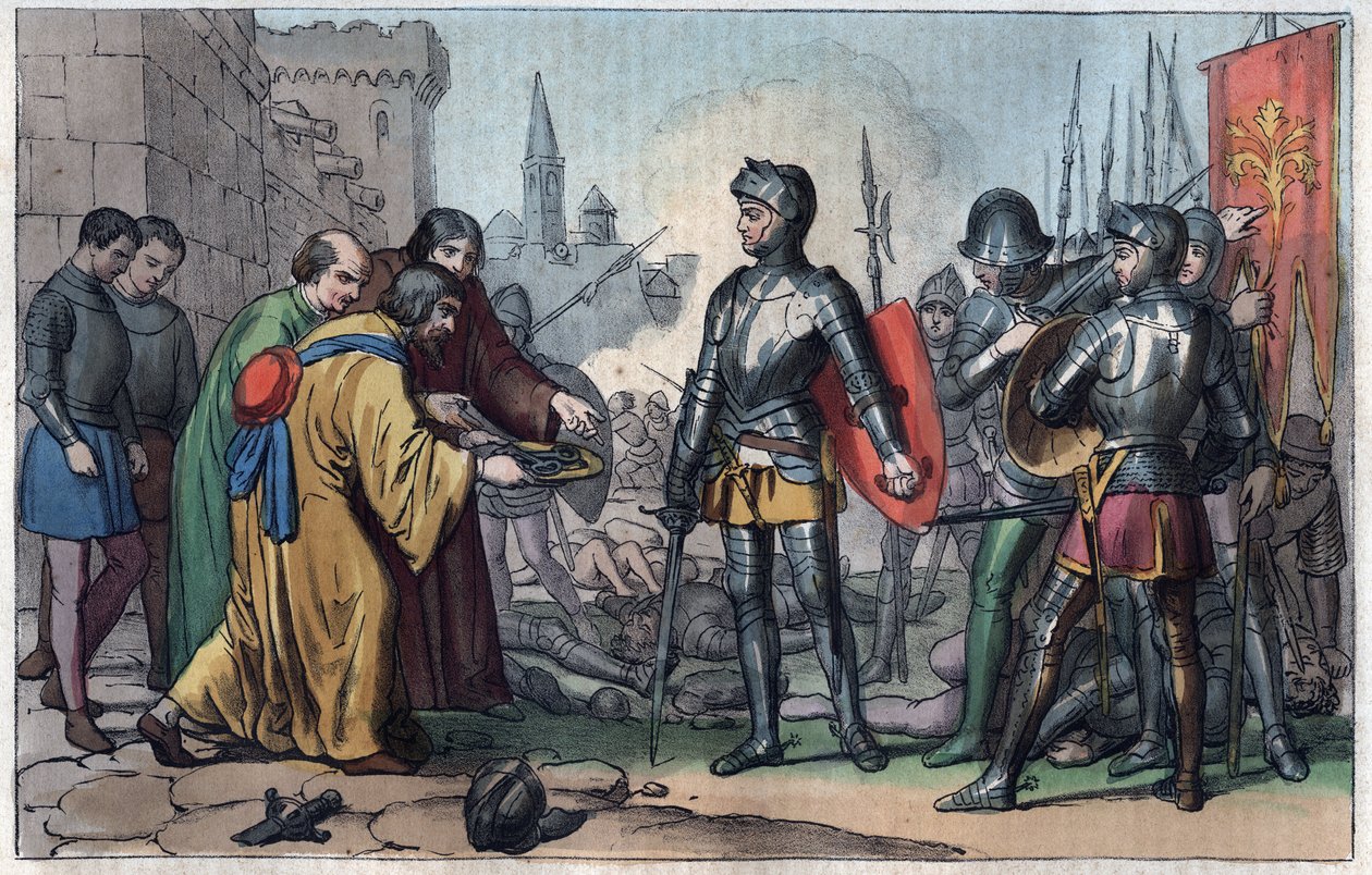 Francesco Ferrucci (1489-1530) mottar nøklene til byen Volterra - gravering fra "" Bruk og skikker til alle mennesker i universet. Det er historien om regjeringen, lovene, militsen, om religionen til alle nasjoner fra de fjerneste tider av Unknown artist