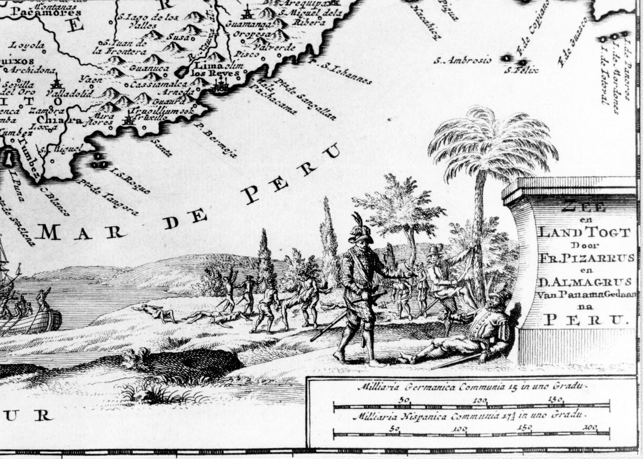 Francisco Pizarro (i fr. Francois Pizarre) representert på et kart over Peru. 17. århundre. av Unknown artist